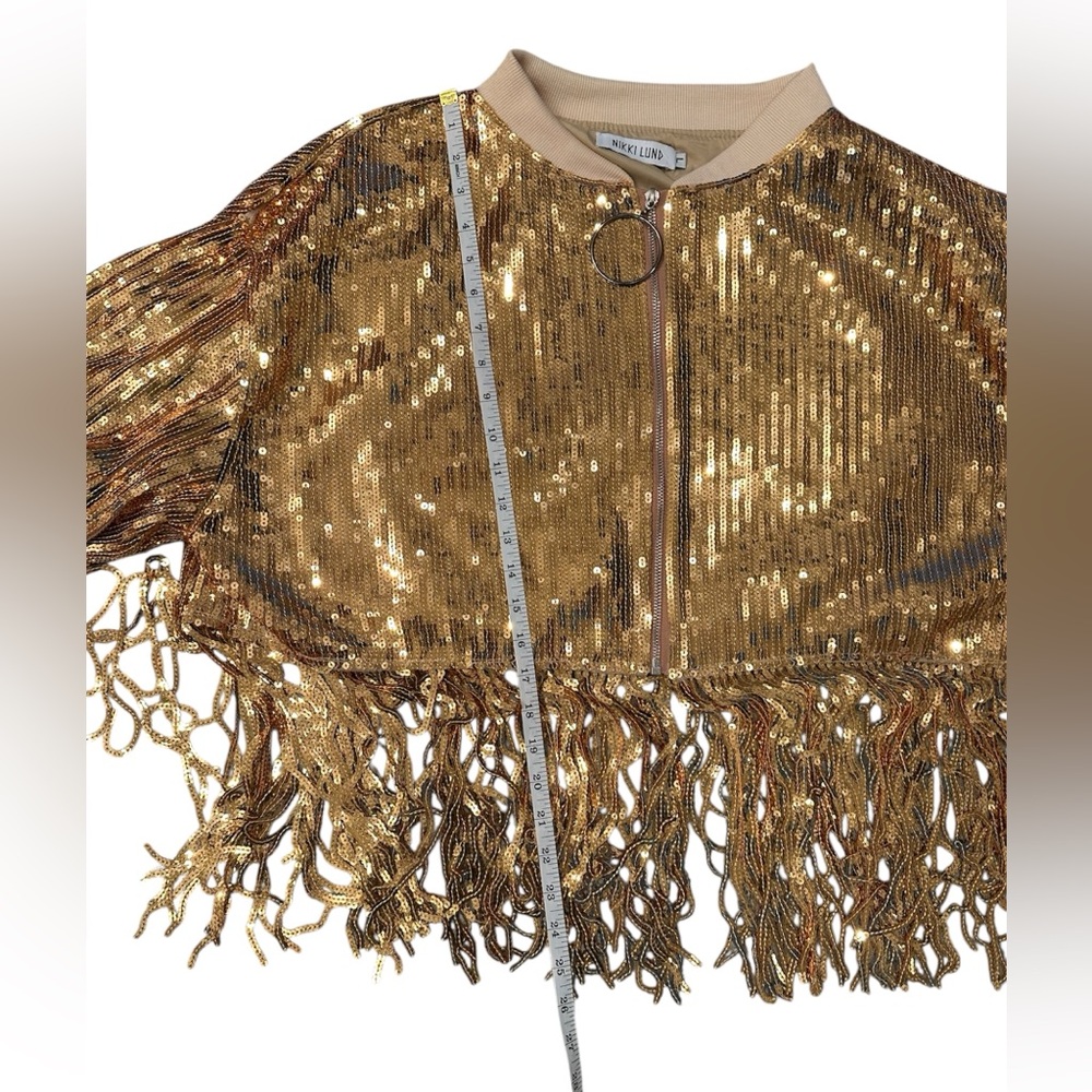 NIKKI LUND Oversize Sequins Fringe Hem Jacket in Gold L - Picture 6 of 11